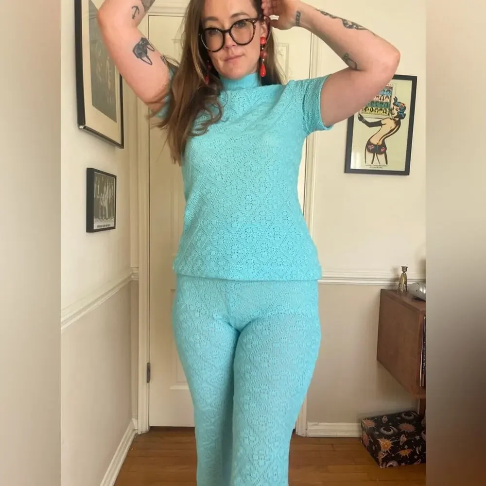 70s Vintage Jantzen Blue Knit Pantsuit - Picture 2 of 15
